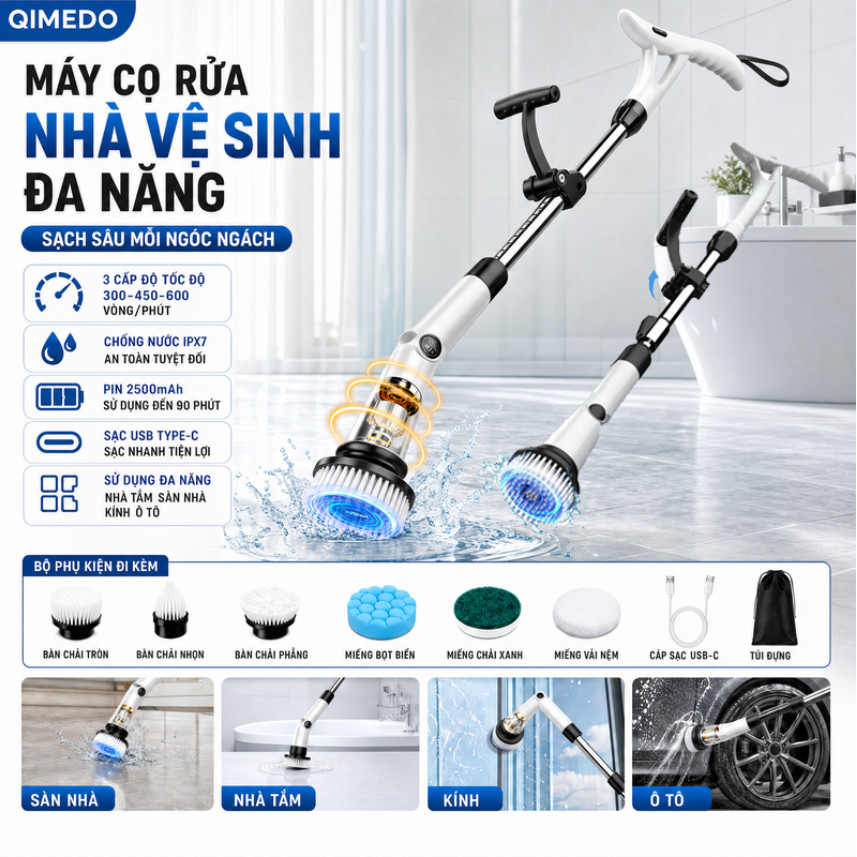 Qimedo Máy Cọ Điện Đa Năng Qimedo, IPX7 Chống Nước, 3 Tốc Độ, Xoay 3 Góc, Pin 2500mAh, Dùng Cho Nhà Tắm, Sàn, Kính, Ô Tô