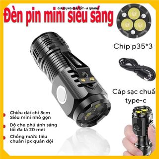 ĐÈN PIN CẦM TAY CHIẾU XA, 5 CHẾ ĐỘ SÁNG SẠC TYPE C, Thiết Kế Mini Pin Trâu