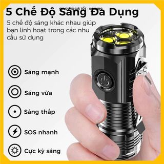 ĐÈN PIN CẦM TAY MINI SIÊU SÁNG, CHIẾU XA 5 CHẾ ĐỘ SÁNG, Sạc Type C Chống Thấm Nước
