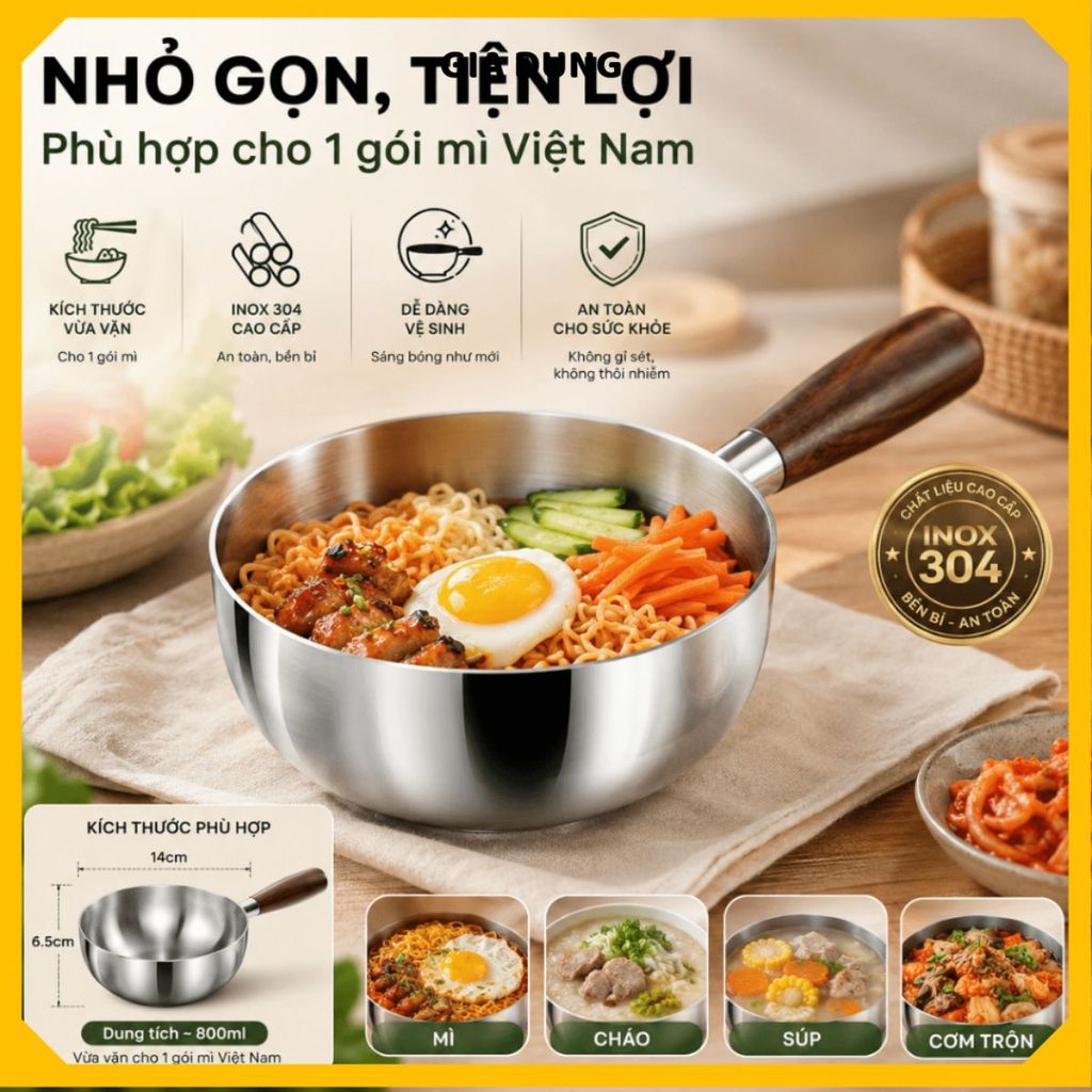 CHẢO INOX CÁN GỖ CAO CẤP NỒI ĂN DẶM CHO BÉ - Chảo inox đa năng, chống gỉ, truyền nhiệt đều, tiện lợi cho mẹ và bé