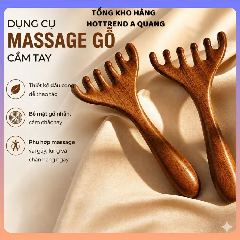 (COMBO 3) LƯỢC GỖ MASSAGE 6 MÓNG GỖ ĐÀN HƯƠNG - Massage đầu, cổ, vai gáy, kích thích tuần hoàn, cầm tay tiện lợi
