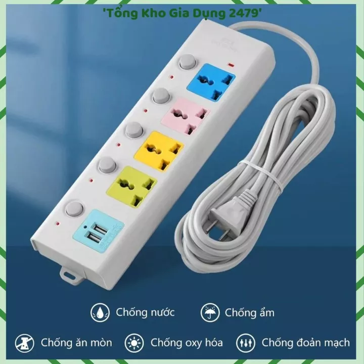 (COMBO 2) Ổ CẮM ĐIỆN ĐA NĂNG CÔNG SUẤT LỚN, Ổ Cắm Điện USB, Dây Dài 5M, 2 Cổng USB, Ổ Cắm Chống Giật, Chốt An Toàn,