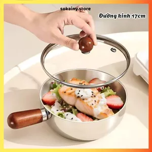 CHẢO INOX THÉP KHÔNG GỈ CÁN GỖ CAO CẤP - Nồi ăn dặm mini, an toàn cho sức khỏe, dễ làm sạch