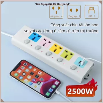 (COMBO 2) Ổ CẮM ĐIỆN DÂY DÀI 5M, Ổ Cắm Điện Thông Minh, 2 Cổng USB, Chống Quá Tải, Chống Giật, Công Suất Lớn, Phích Cắm
