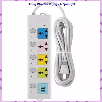 (COMBO 2) Ổ CẮM ĐIỆN DÂY DÀI 5M, Ổ Cắm Điện Thông Minh, 2 Cổng USB, Chống Quá Tải, Chống Giật, Công Suất Lớn, Phích Cắm