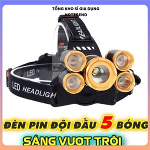 ĐÈN PIN ĐỘI ĐẦU 5 BÓNG LED SIÊU SÁNG - Đèn pha đeo đầu, pin dung lượng lớn, phù hợp câu cá, cắm trại