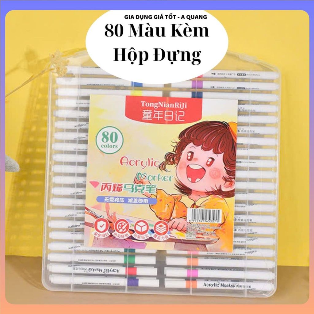 BÚT MÀU ACRYLIC MARKER CAO CẤP, HỘP BÚT 80 MÀU CHỐNG NƯỚC, Nét Mực Đều Khô Nhanh