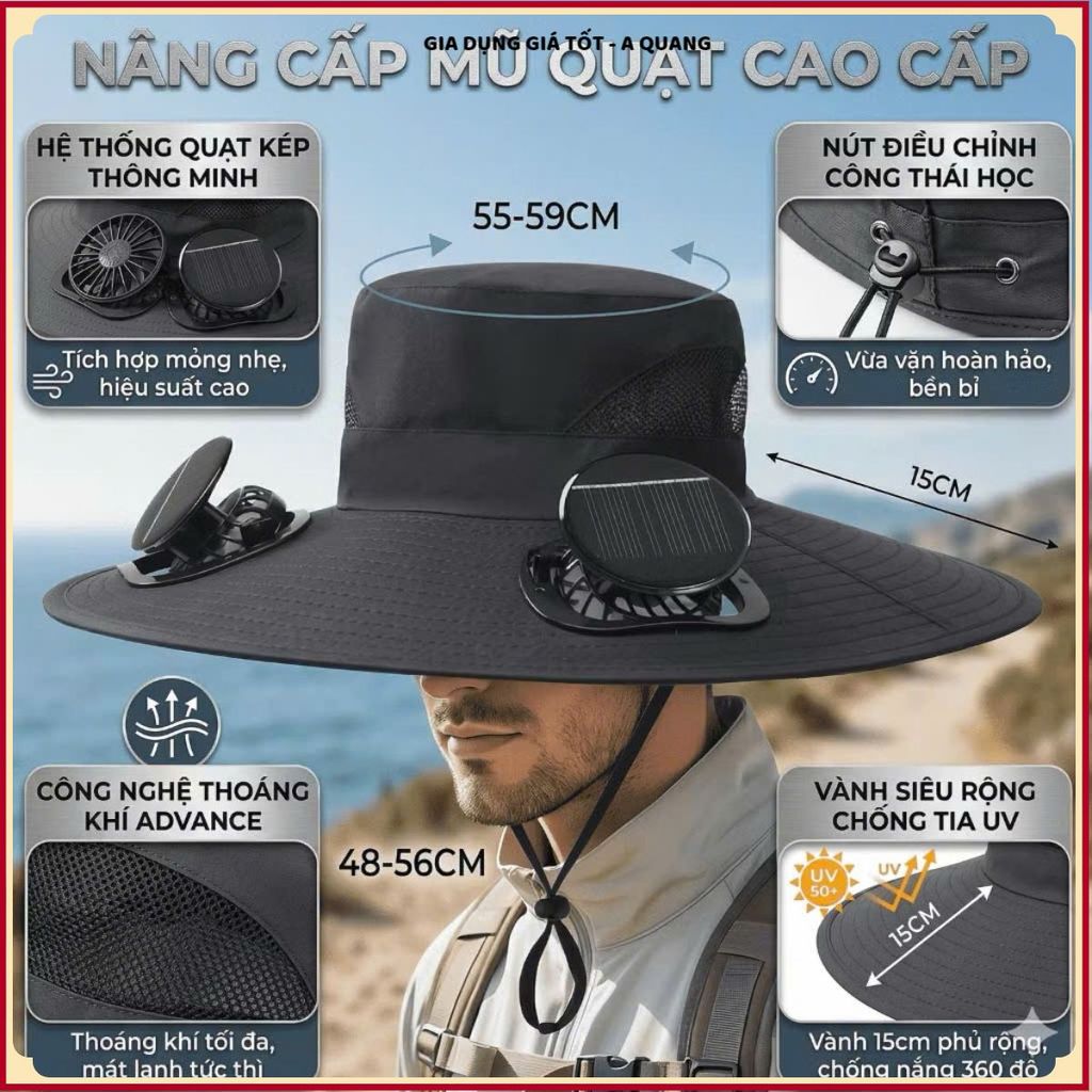 MŨ DU LỊCH GẮN QUẠT ĐIỀU HÒA CAO CẤP, CHỐNG NẮNG VÀNH RỘNG, Làm Mát Liên Tục, Dễ Dàng Mang Theo Mọi Hoạt Động