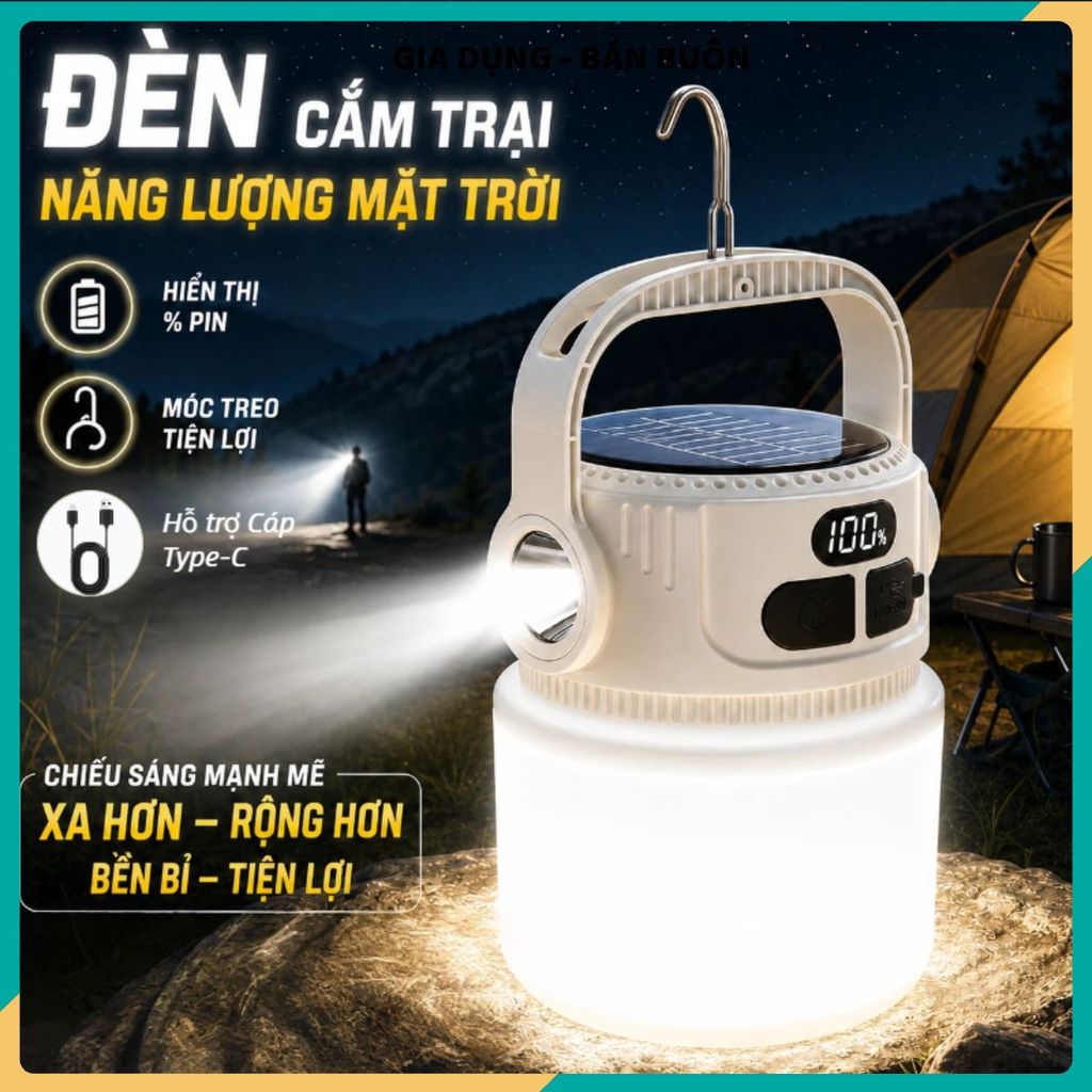 LỒNG ĐÈN LED NĂNG LƯỢNG MẶT TRỜI HIỂN THỊ PIN - Đèn cắm trại đa chức năng, chiếu sáng mạnh, tích điện tiện lợi