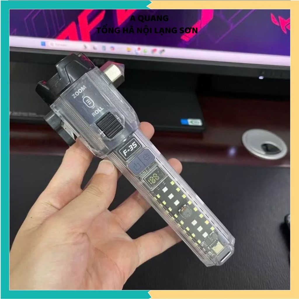 ĐÈN PIN F35 SIÊU SÁNG LED LASER CÔNG SUẤT CAO - Tích hợp còi báo động, phá kính, cắt dây cứu hộ, pin sạc tiện lợi