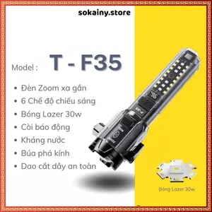 ĐÈN PIN F35 LED LASER SIÊU SÁNG ĐA NĂNG CAO CẤP - Còi báo động, cắt dây an toàn, phá kính, sạc điện thoại, chống nước