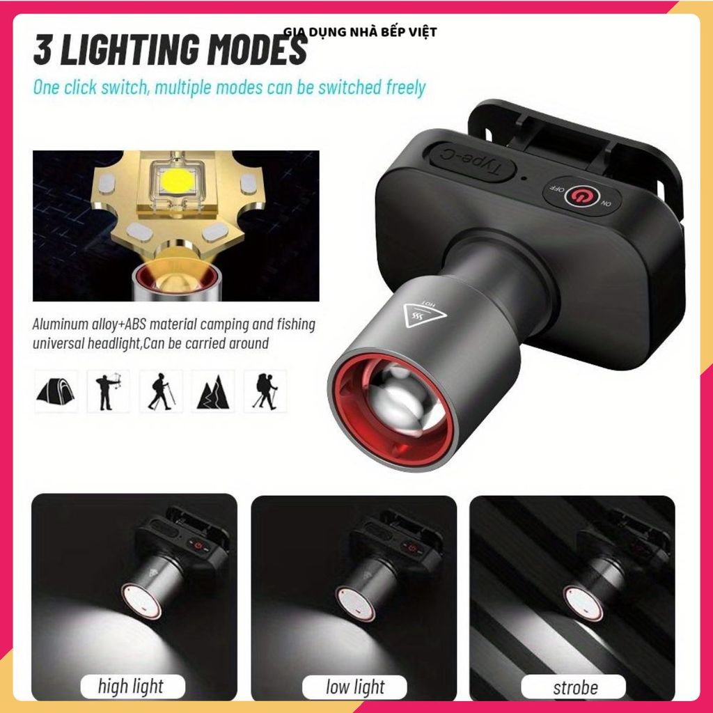ĐÈN ĐỘI ĐẦU SẠC USB 5000MAH, ĐÈN CÂU CÁ CHIẾU XA, Thiết Kế Nhẹ Nhàng Dễ Mang Theo, Dùng Ban Đêm Tiện Lợi