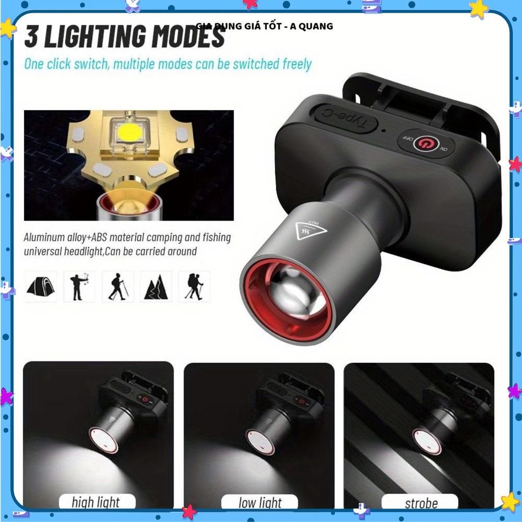 ĐÈN ĐỘI ĐẦU SẠC USB 5000MAH, ĐÈN CÂU CÁ CHIẾU XA, Thiết Kế Nhẹ Nhàng Dễ Mang Theo, Dùng Ban Đêm Tiện Lợi