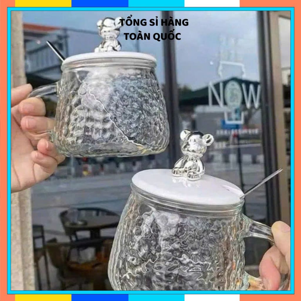 (COMBO 5) Ly Thủy Tinh Nắp Gấu Chịu Nhiệt,Cốc Đựng Nước Chịu Nhiệt Có Quai Cầm Tiện Lợi - CỐC THỦY TINH KÈM THÌA