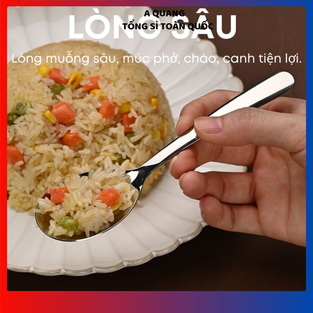 (COMBO 5) MUỖNG ĂN CƠM INOX CÁN DÀY - Thìa ăn phở sáng bóng, chất liệu inox không gỉ
