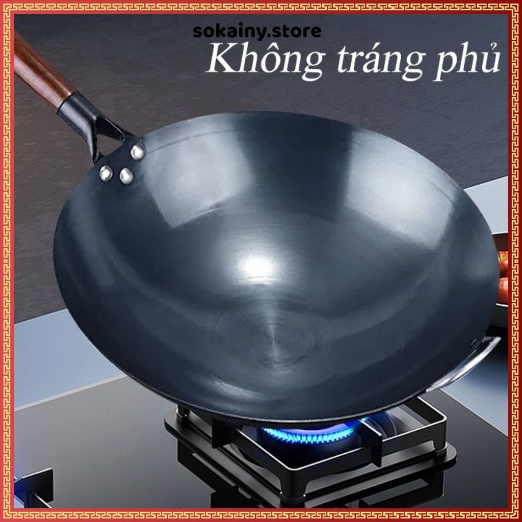 CHẢO THÉP CAO CẤP KHÁNG RỈ TỐT - Cán gỗ sồi chắc chắn, dùng cho bếp từ, bếp gas, bếp hồng ngoại