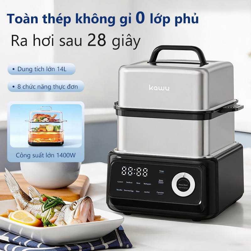 Nồi hấp điện Kawu toàn bộ inox 304 với 8 chức năng 14L hấp nguyên con gà Lồng hấp 2 tầng