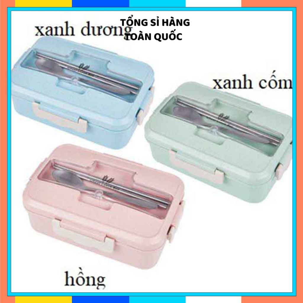 HỘP CƠM 3 NGĂN CHẤT LIỆU LÚA MẠCH AN TOÀN - Hộp Đựng Thức Ăn Văn Phòng, Tặng Đũa Thìa