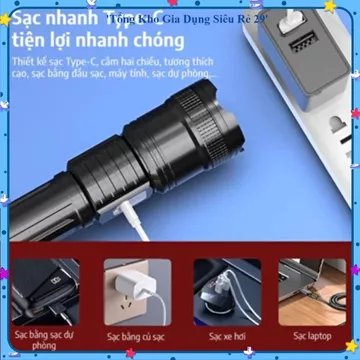 ĐÈN PIN SẠC USB ĐA NĂNG, Đèn Pin LED Siêu Sáng, Đèn Pin Cầm Tay, Đèn Pin Zoom, Đèn Pin Dùng Ngoài Trời, Đèn Pin Tiện Lợi