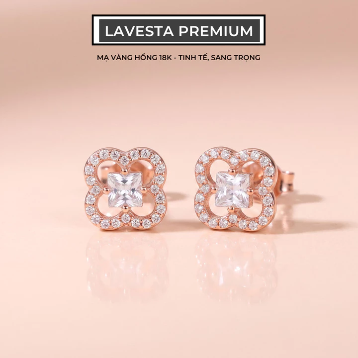 Bông tai bạc nữ mạ vàng hồng 18K cao cấp LAVESTA LAV246 Rosy thiết kế cỏ 4 lá biểu tượng may mắn và đẳng cấp vĩnh cửu