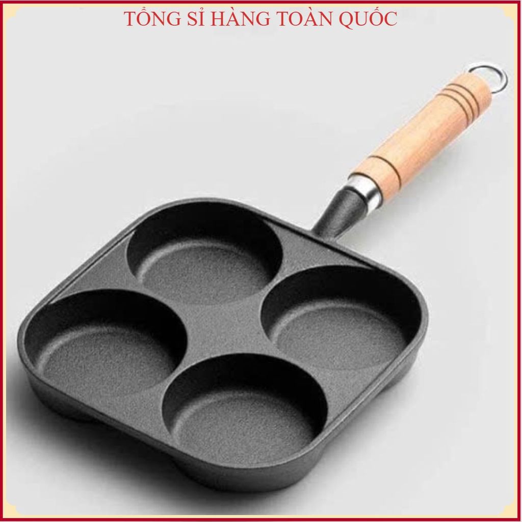 Chảo chiên trứng 4 ngăn chống dính cao cấp, tay cầm gỗ cách nhiệt – chảo làm bánh pancake mini tiện lợi cho bữa sáng gia