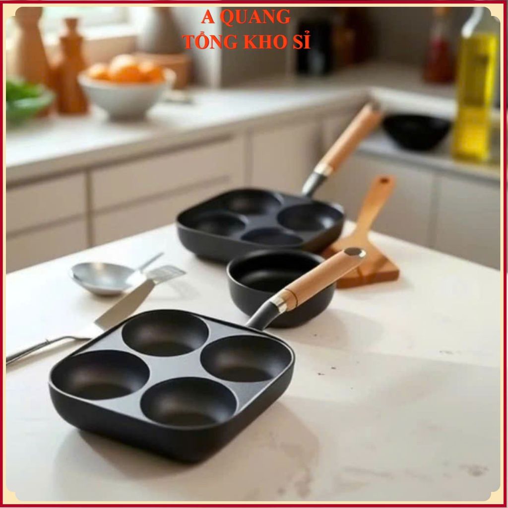 Chảo Chiên Rán Trứng Làm Bánh 4 Ngăn 4 Lỗ Chống Dính. Chảo Làm Bánh Tay Cầm Gỗ . AK5698