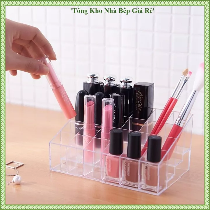 KHAY ĐỰNG MỸ PHẨM 24 Ô MIKA, Hộp Đựng Son Môi, Kệ Son Để Bàn, Đựng Son Thỏi, Cọ Trang Điểm, Tiết Kiệm Không Gian