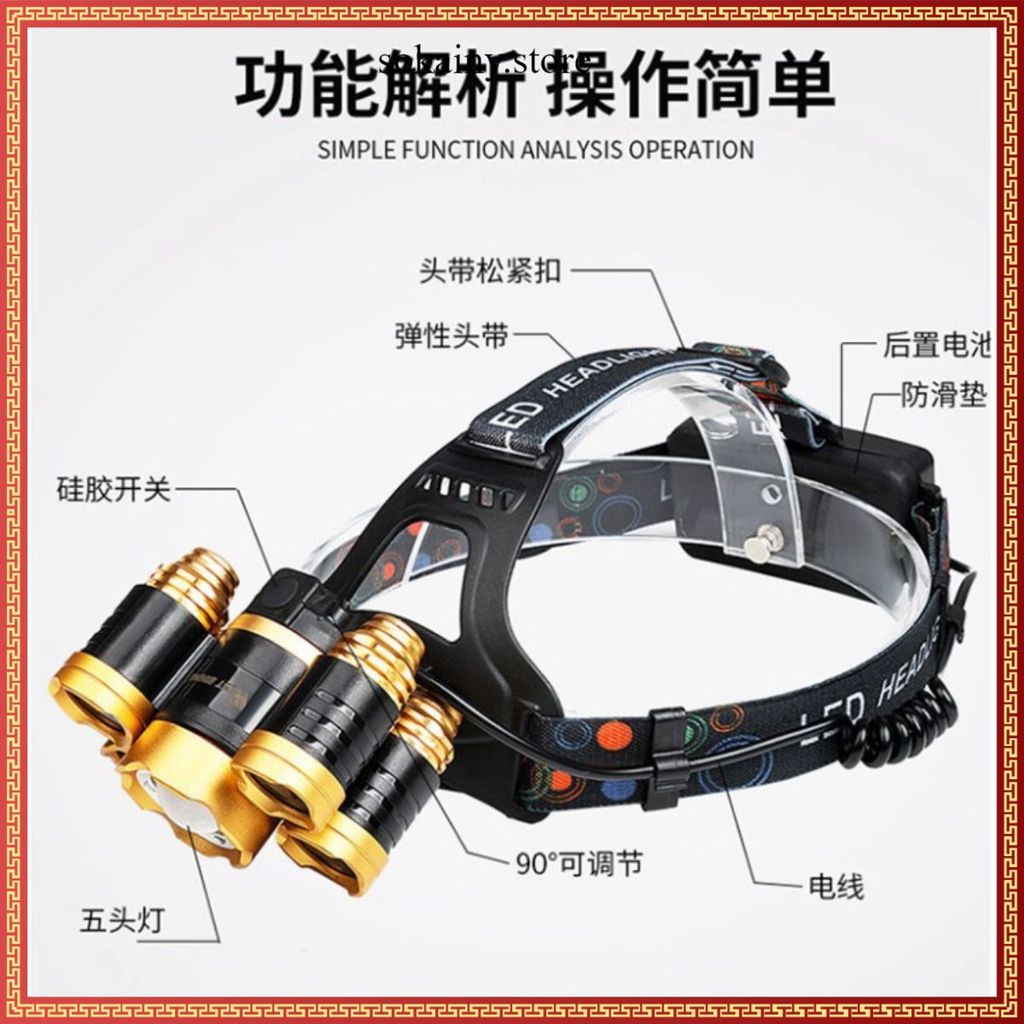 ĐÈN PIN ĐỘI ĐẦU 5 BÓNG SIÊU SÁNG - 4 Chế Độ Chiếu Xa, Chiếu Rộng, Nháy Cảnh Báo