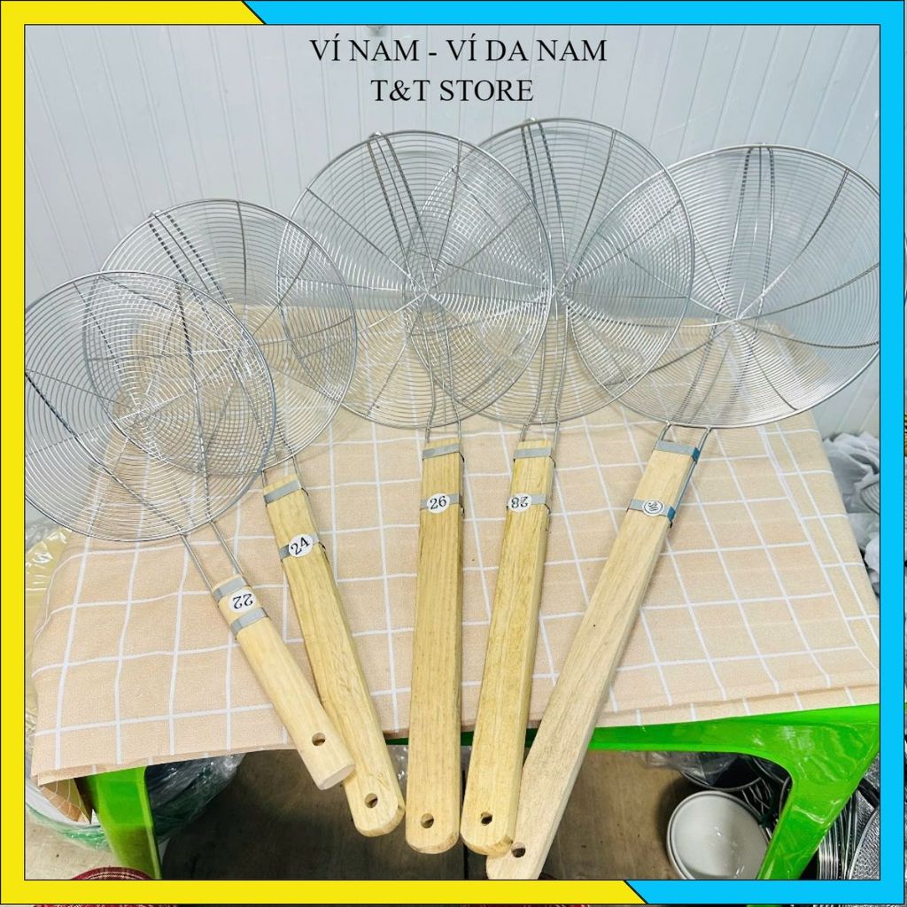 (COMBO 3) VỢT CHIÊN RÁN INOX 14CM - Tay Cầm Gỗ Chắc Chắn, Lọc Dầu Hiệu Quả