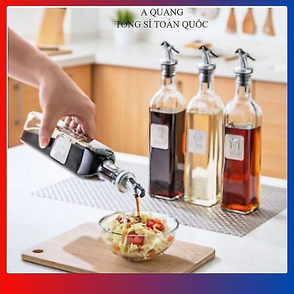 (COMBO 3) CHAI THỦY TINH ĐỰNG DẦU ĂN 500ML - Vòi Rót Bấm Tay, Không Đọng Giọt, Tiện Lợi