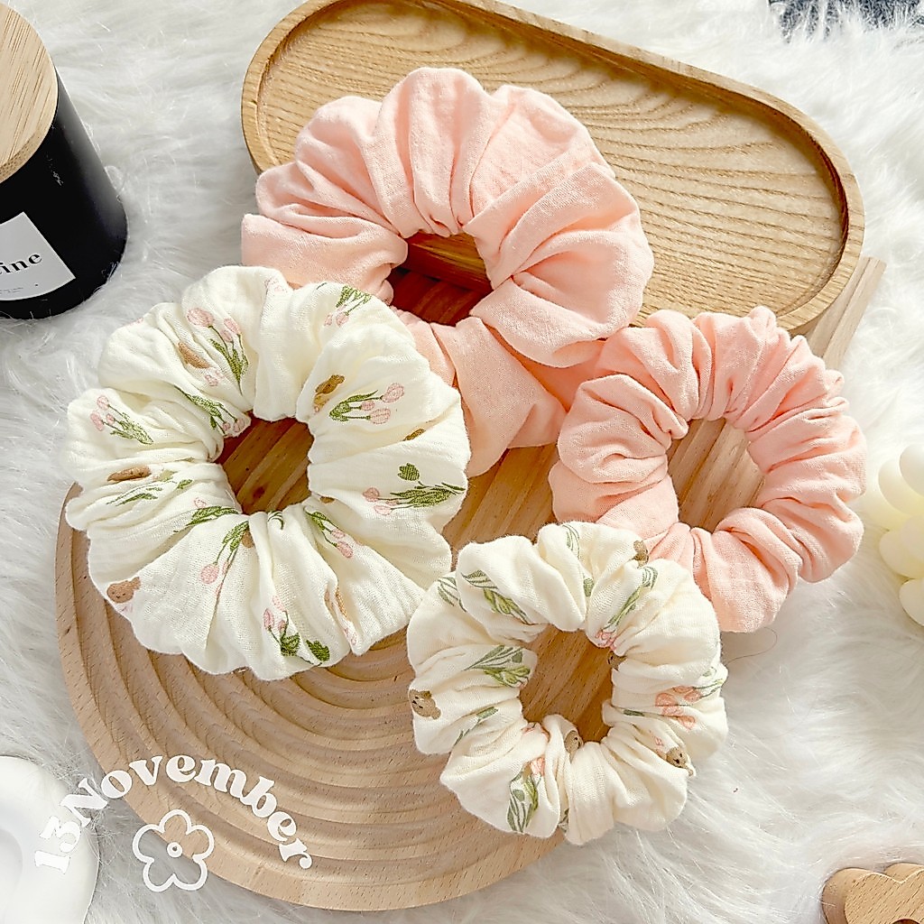 [SIÊU TO] Scrunchies Set Cột Tóc Vải Hoạ Tiết Gấu Hoa Tulip Hồng Xinh Xắn Dễ Thương Phồng To | BigBuy360 - bigbuy360.vn