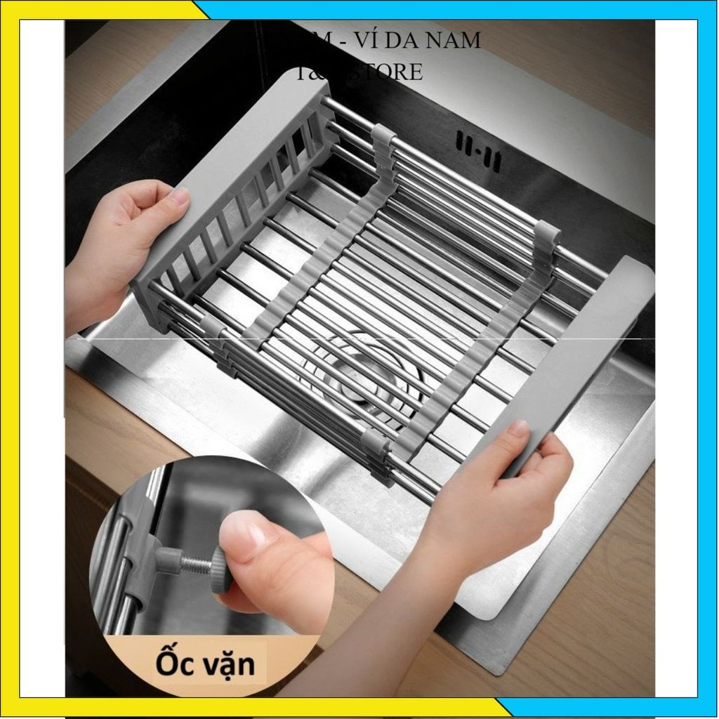 KỆ GIÁ RỔ GÁC BỒN RỬA CHÉN - Kệ Gác Bồn Rửa Bát, Đĩa Inox 304, Rổ Co Rút Tiện Lợi Tiết Kiệm Diện Tích