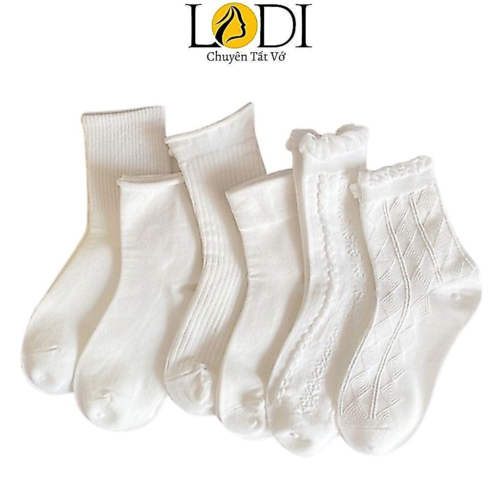 Tất nữ cổ cao LADI mã T16 chất cotton màu Trắng phối họa tiết Vintage