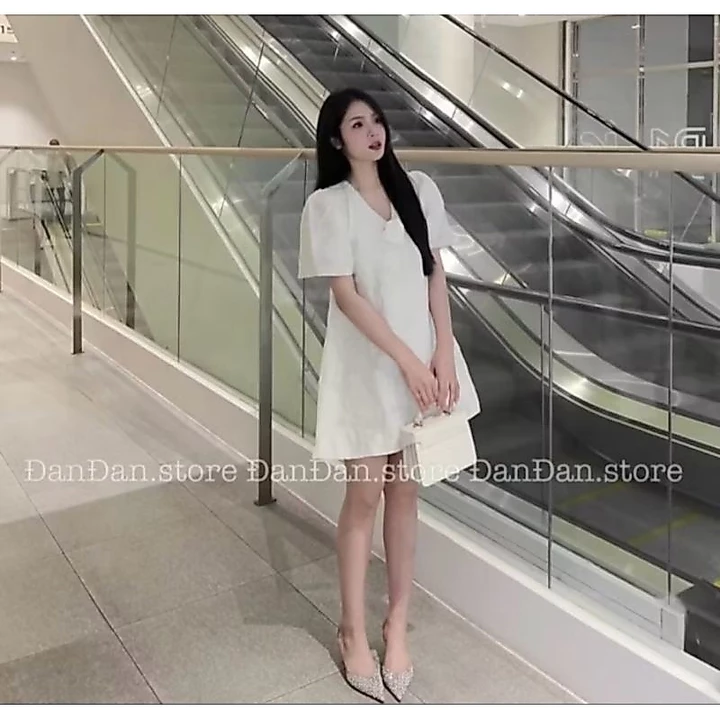 Váy suông xòe A, Váy suông cổ tim cài hoa có bigsize 40kg-120kg