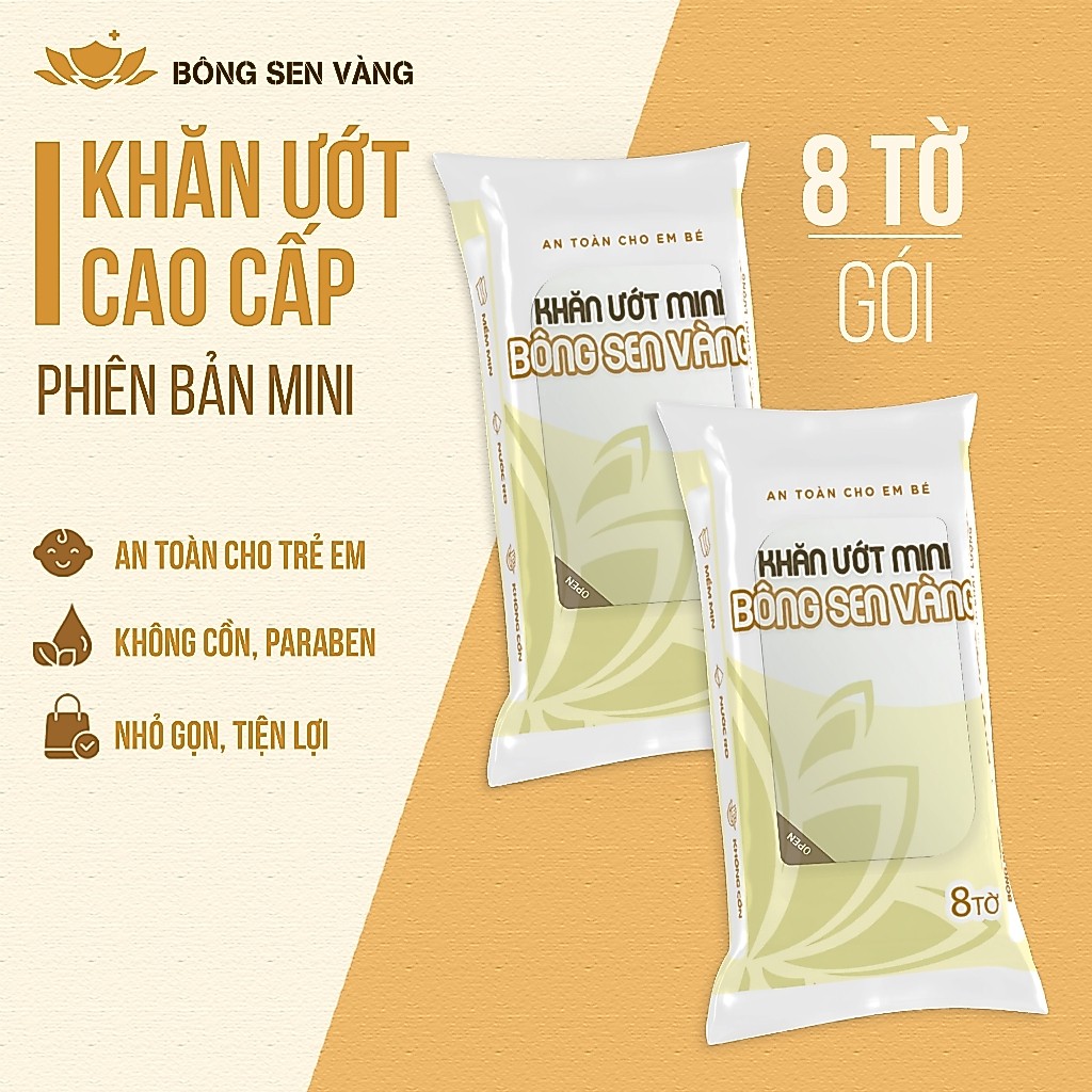 Khăn ướt Mini Bông Sen Vàng 8 tờ, không cồn, không parabens, an toàn cho mọi làn da.