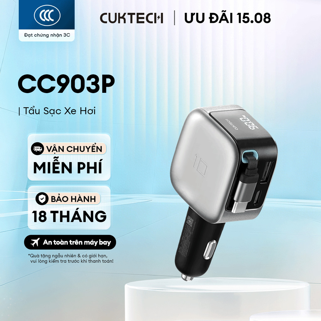 Bộ Tẩu Sạc Xe Hơi CUKTECH CC903P Kèm Cáp C Rút Gọn | 2C1A Công Suất Sạc Max 100W | Bảo hành 18 Tháng