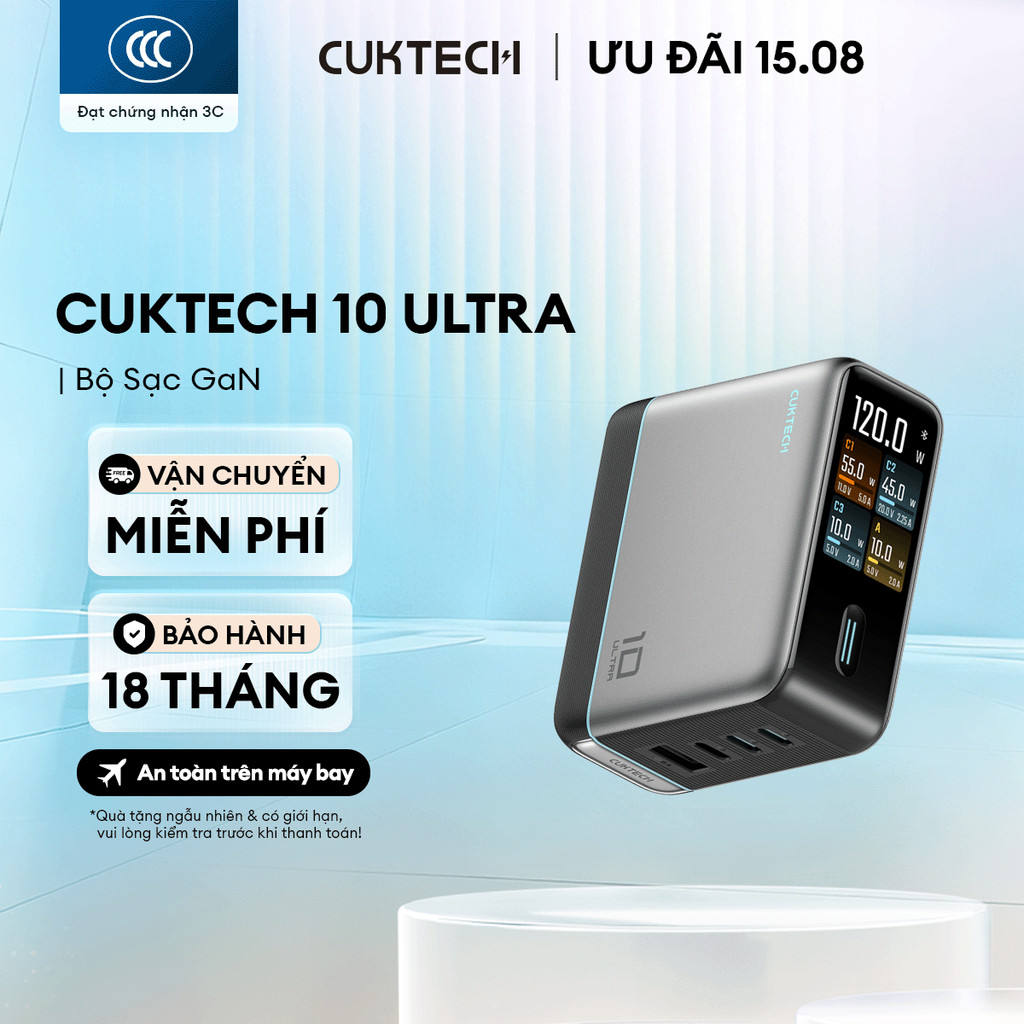 Củ Sạc GaN CUKTECH 10 ULTRA 3C1A | Công Suất 120W | Hỗ Trợ Sạc Nhanh | Bảo Hành 18 Tháng AD1204U | BigBuy360 - bigbuy360.vn