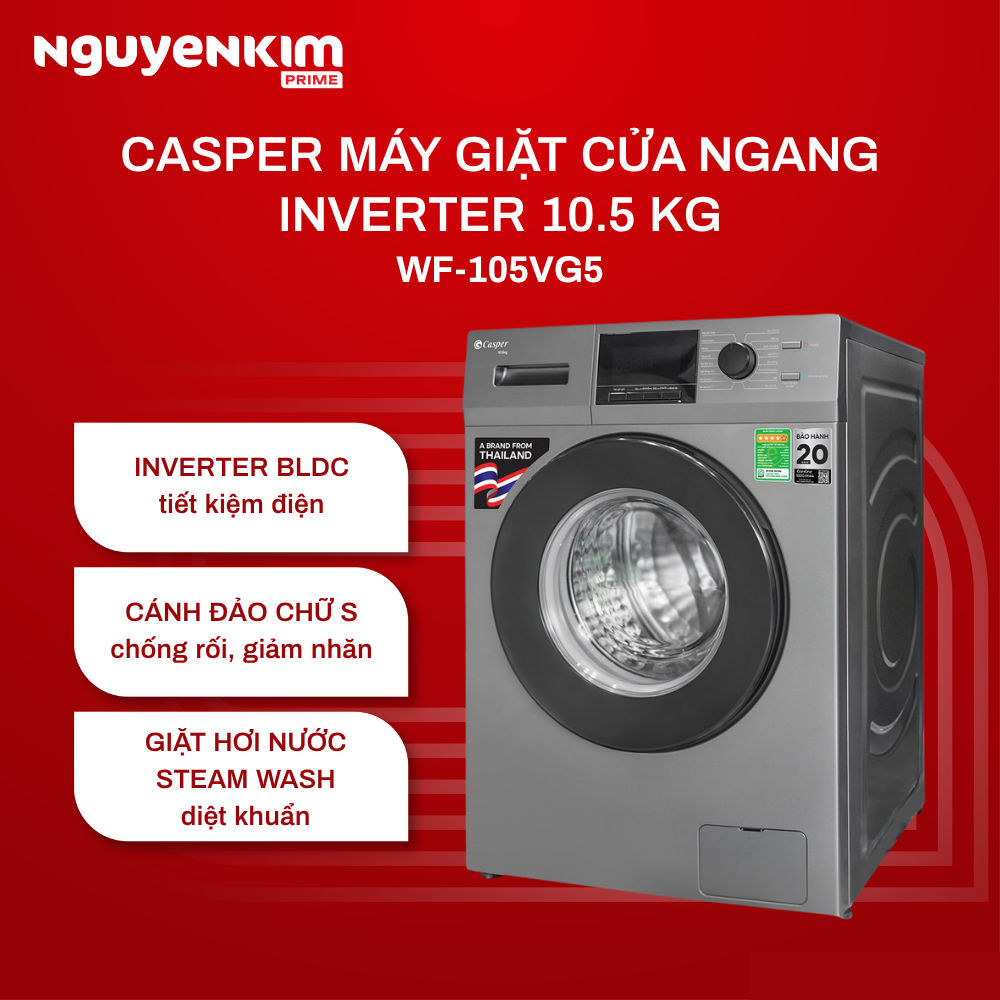 [Phí Lắp đặt 0Đ HN HCM] Máy giặt cửa trước Casper Inverter 10.5 kg WF-105VG5