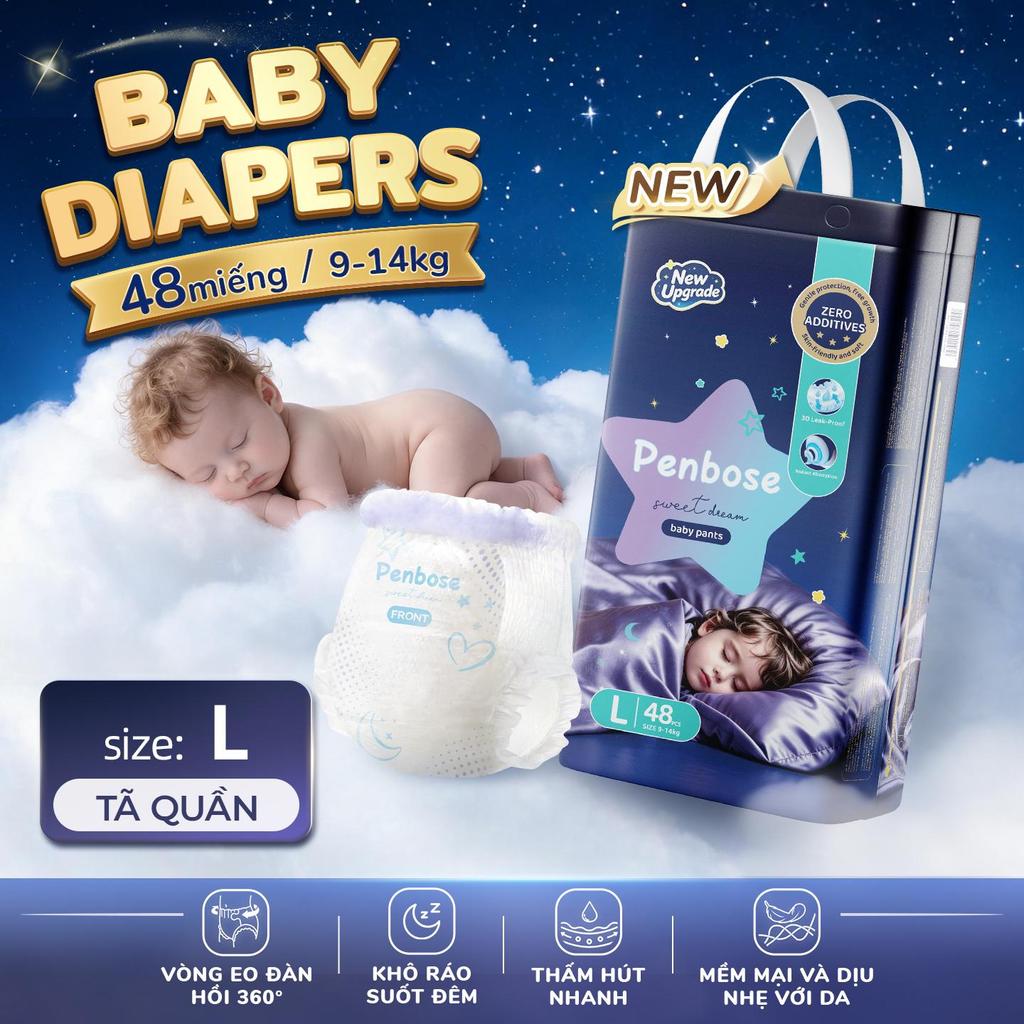 Tã Quần/Bỉm Quần Penbose Sweet Dream Size S-XXXXL Bỉm  Siêu Mỏng Thấm Hút Nhanh Chống Tràn 360° Ôm Sát Mông Bé Mềm Mại T