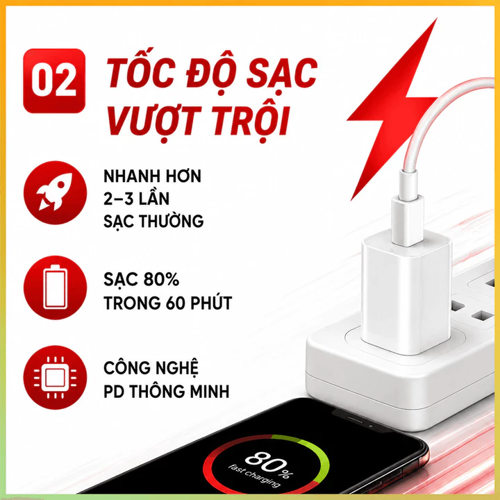 Bộ sạc nhanh 20W PD (củ sạc và cáp sạc nhanh) cho 5-14PRM. Sạc 60p lên 80% Pin - Cốc sạc Type C, Dây sạc 20W – 2