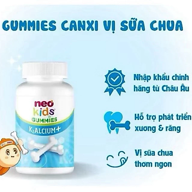 NeoKids Gummies canxi ( hộp 60 viên) Kẹo canxi cho bé vị sữa chua bổ sung Canxi, D3, Vitamin K2 MK7 cho trẻ