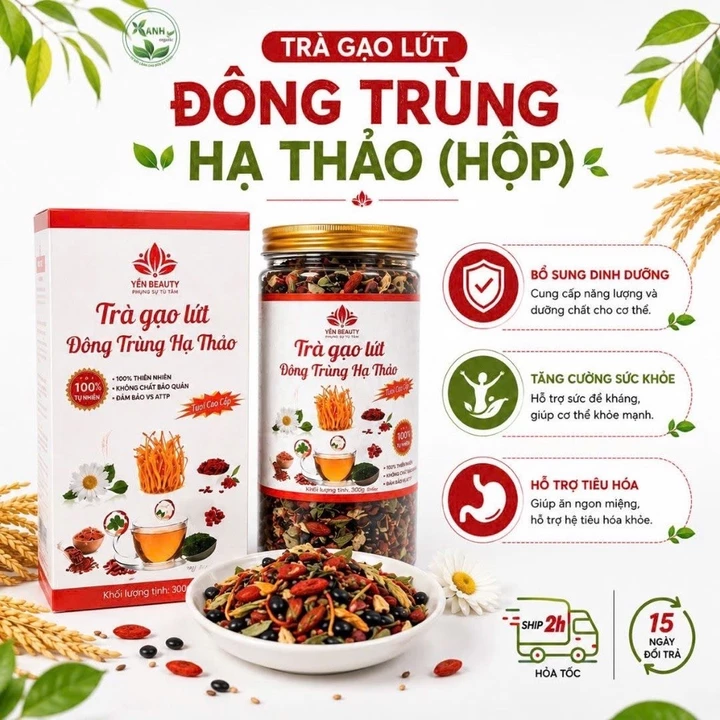 Trà gạo lứt giảm cân đông trùng hạ thảo - giải độc gan hộp 700g, Trà gạo rang đông trùng thanh lọc cơ thể