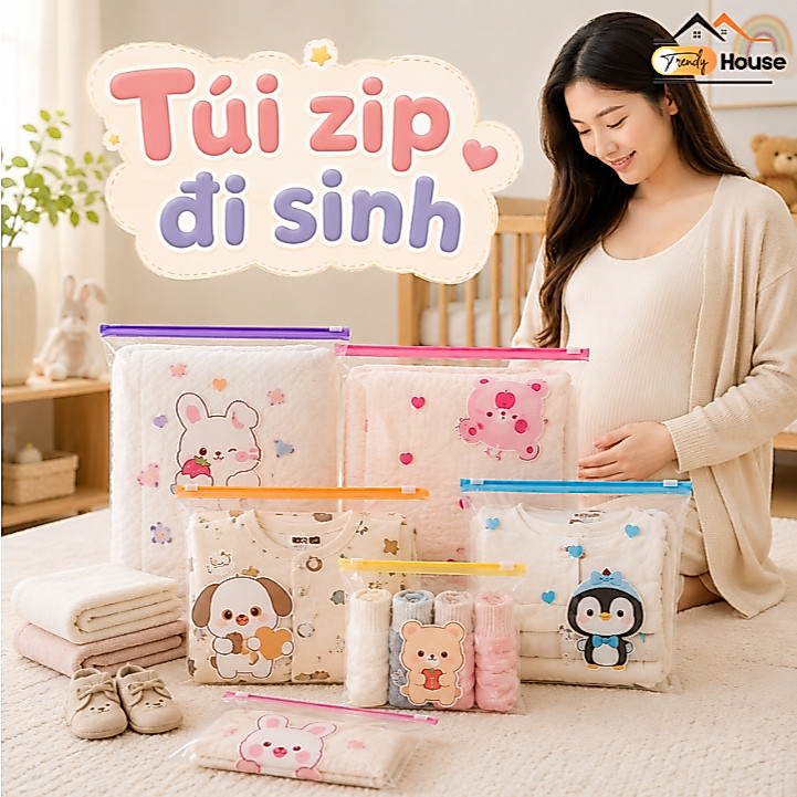 Set Túi Zip Đựng Đồ Đi Sinh Cho Mẹ, Túi Đựng Quần Áo, Đồ Dùng, Tã Bỉm Cho Bé, Nhiều Kích Thước, Dễ Thương & Tiện Lợi