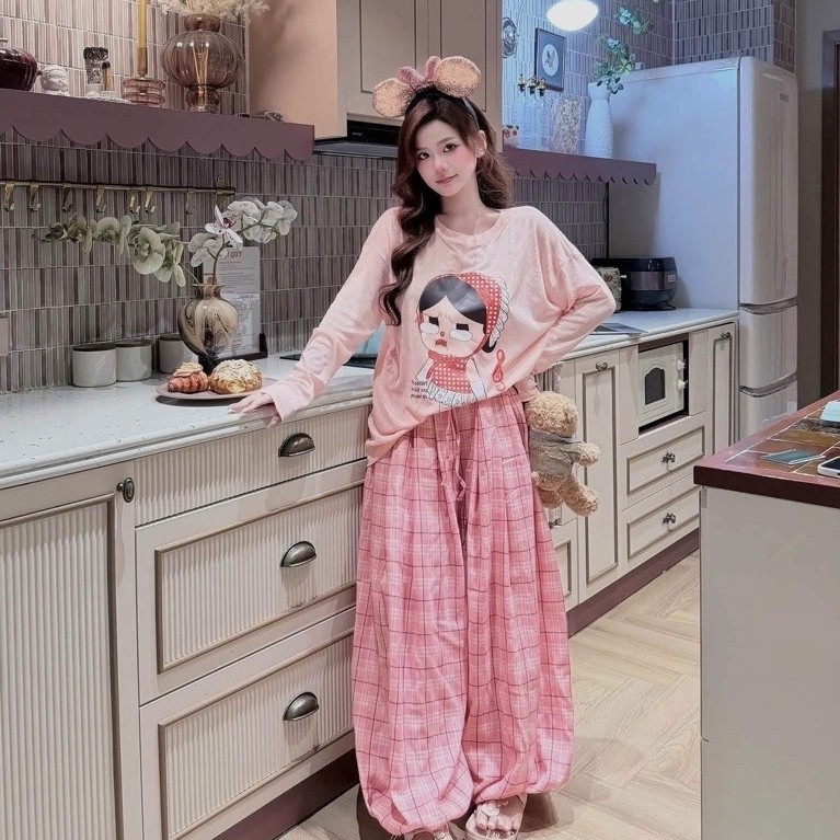 Bộ Áo Giấy Cô Gái Phối Quần Kẻ Thô Rộng Nữ Form Đẹp Freesize 40-63kg Thời Trang Mặc Nhà