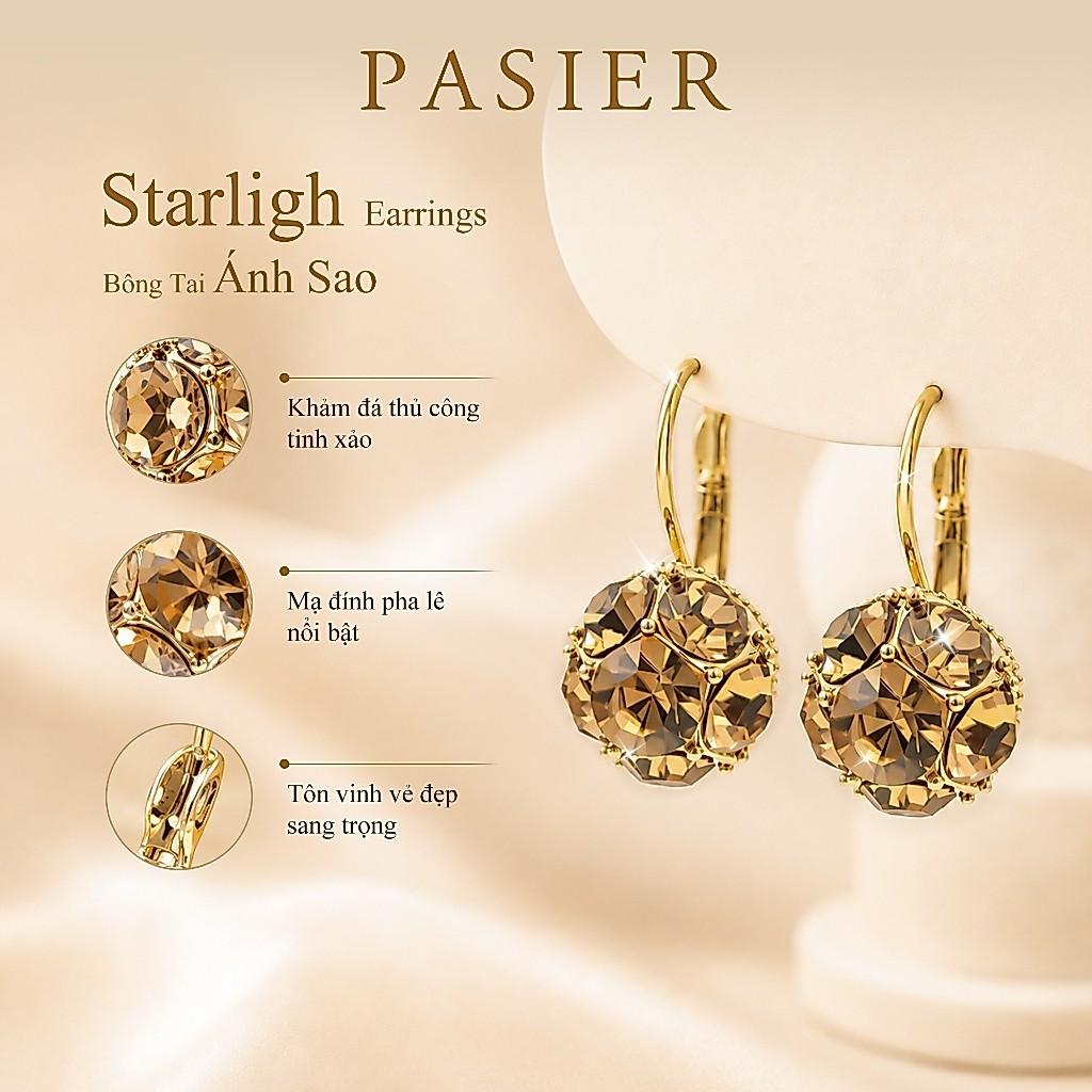 PASIER Bông tai nữ kiểu thả đính đá lấp lánh, thiết kế tinh tế sang trọng phong cách thanh lịch NB3332