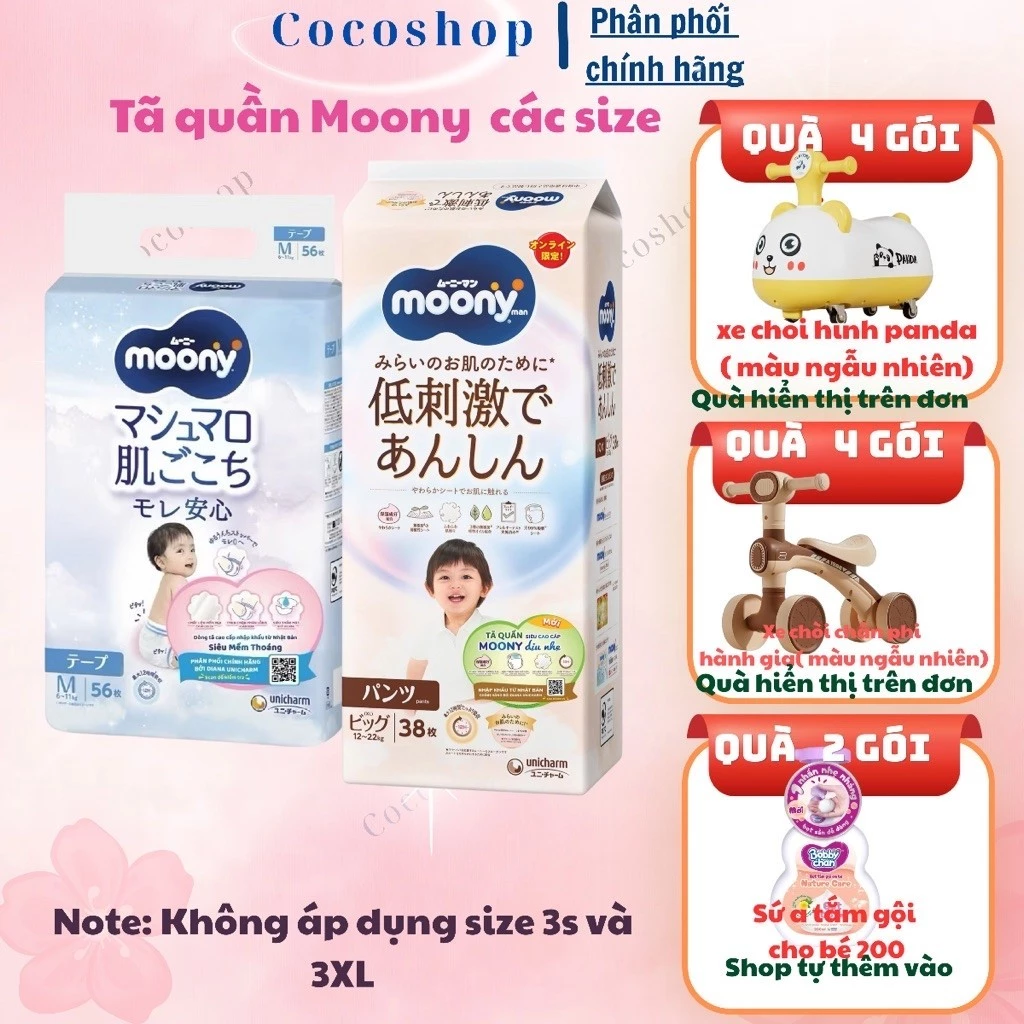 Tã /Bỉm MOONY NATURAL dán/ quần size NB62/ S58/ M46/ L36/ XL32