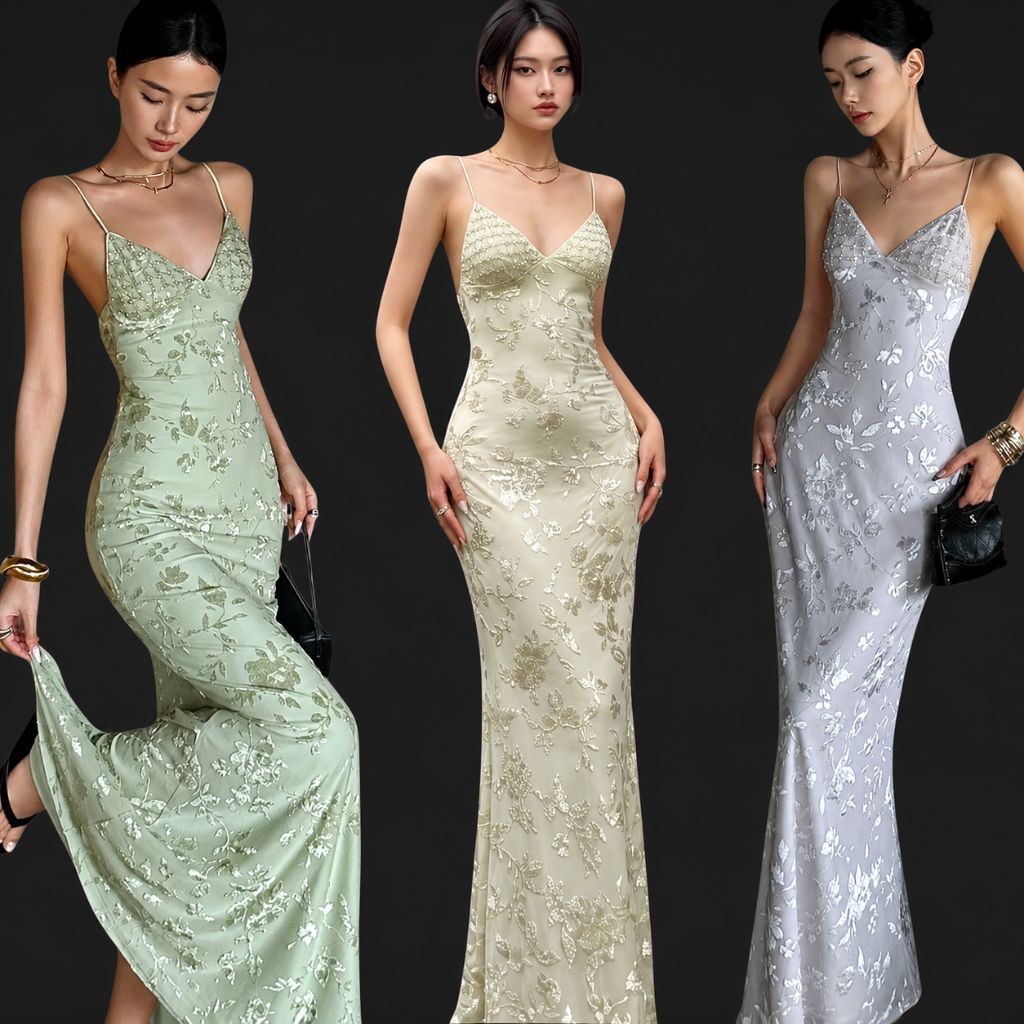 Đầm Hai Dây Hở Lưng Hoạ Tiết Hoa Ép Nhung