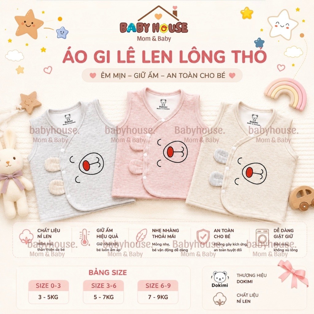 Áo gile len lông thỏ Dokimi cho bé sơ sinh, áo ấm nỉ len cài lệch mềm mại giữ ấm ngực cho trẻ từ 3-9kg