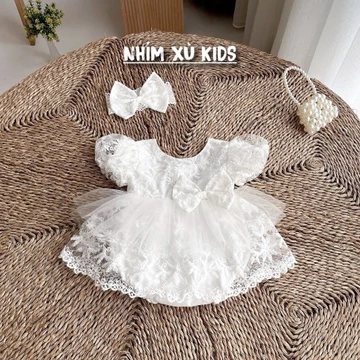 Body Váy Nơ Trắng NHÍM XÙ KIDS Cho Bé Gái Sơ Sinh, Đầy Tháng, Thôi Nôi B118