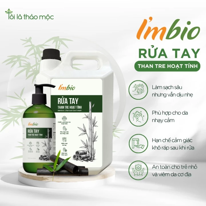 Nước Rửa Tay Imbio Than Tre Hoạt Tính 500ml 5L | Dịu Nhẹ Da Tay, Mềm Mại, Hạn Chế Khô Ráp